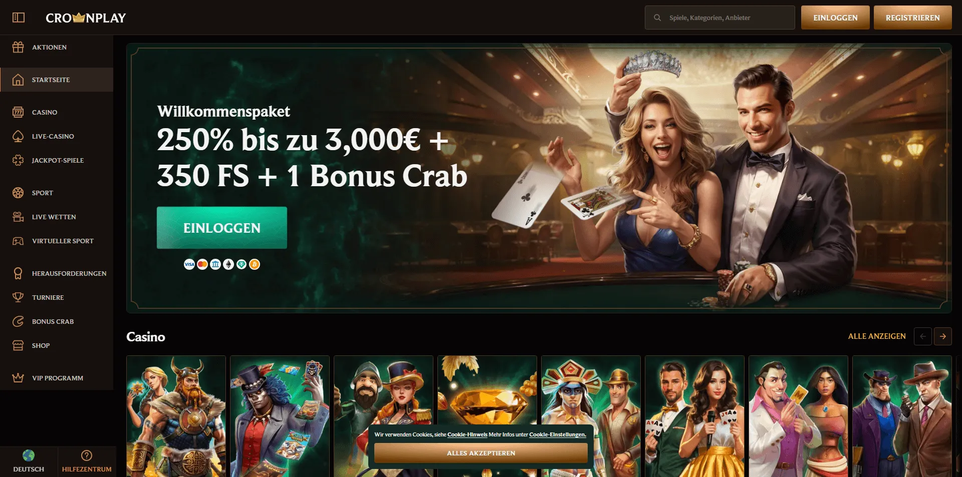 CrownPlay Online Casino Willkommensangebot Willkommenspaket von CrownPlay mit 250% Bonus bis zu 3.000 €, 350 Freispiele und 1 Bonus Crab – stilvolles Paar an einem Casino