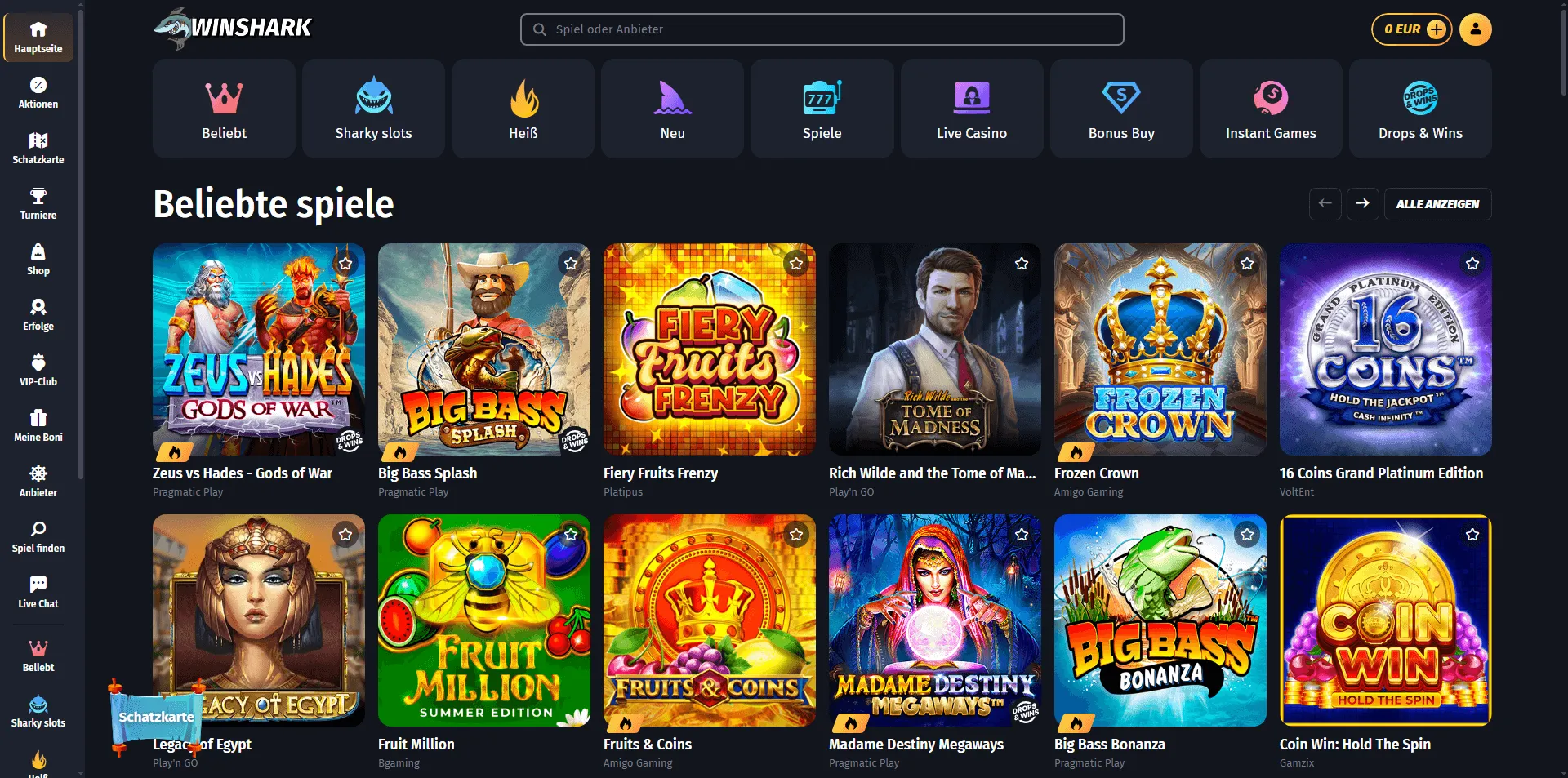 WinShark Casino Spiele–Top Auswahl beliebter Spielautomaten wie Zeus vs Hades, Rich Wilde, Big Bass Bonanza, Coin Win und mehr Beliebte Online Casino Spiele bei WinShark – Spielauswahl mit Zeus vs Hades, Big Bass Splash, Frozen Crown, 16 Coins und mehr