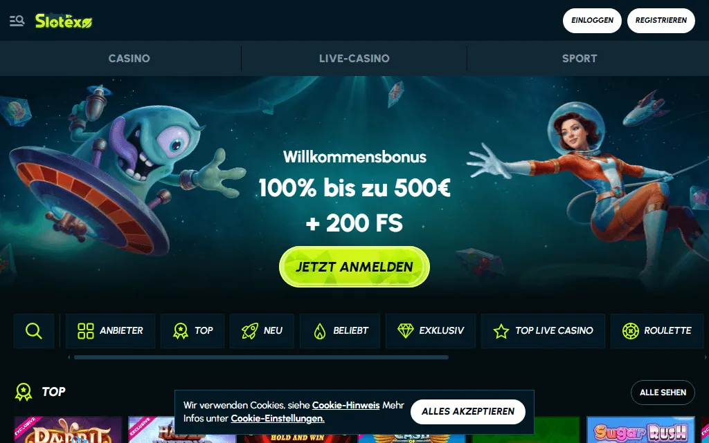 Slotexo Casino – 100 % Bonus bis zu 500 € + 200 Freispiele sichern Startbildschirm des Slotexo Online Casinos mit Willkommensbonus-Angebot, spacigem Alien und Astronautin